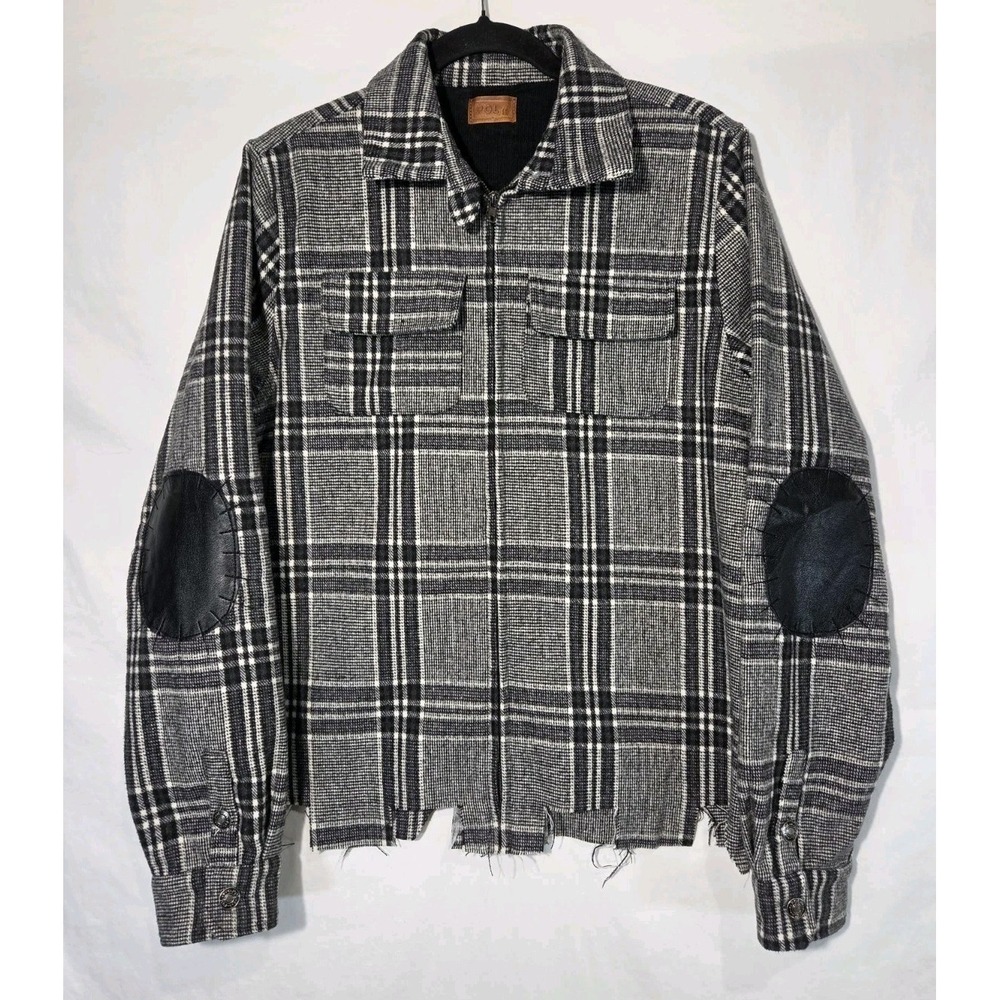 POL Plaid Zip‎ Up Shacket Women Medium Black White Distressed Elbow Patches
